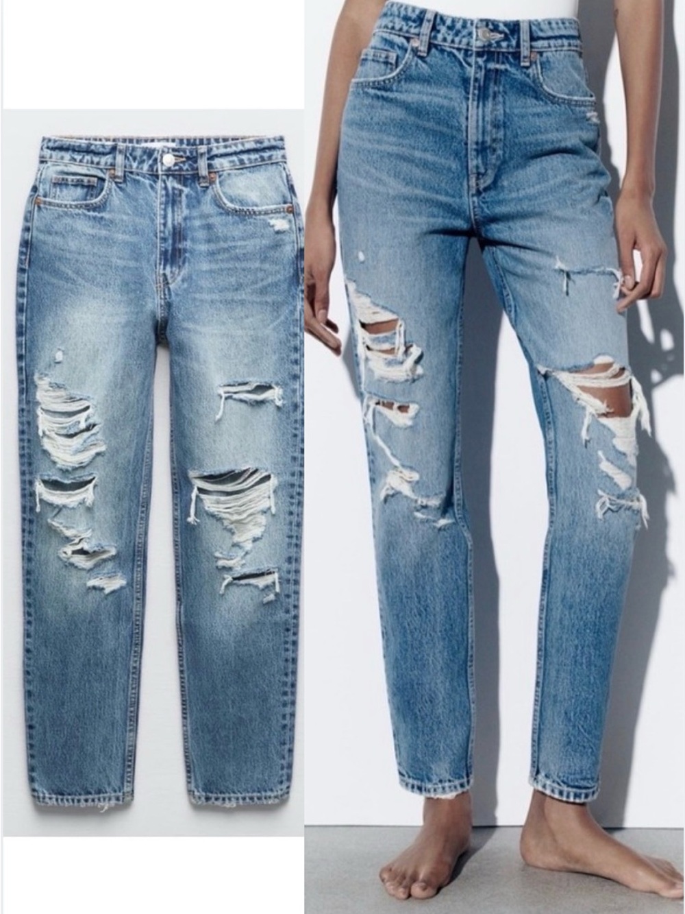 Zara NWT Classic Mom Fit Jeans High Rise Distressed Light Wash Size 2